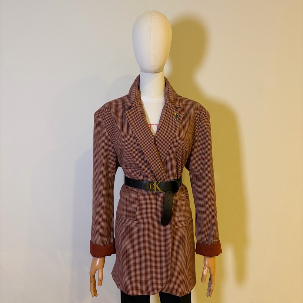 A NEW DAY Boyfriend Blazer Size Large Tan Rust Check Womens Jacket NWT